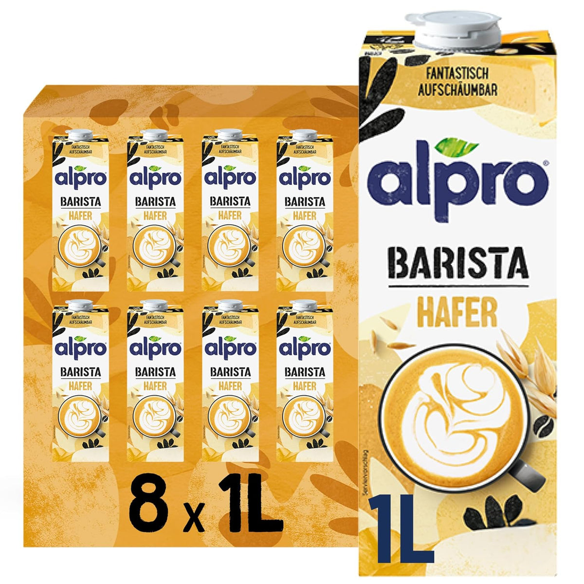Alpro Barista Haferdrink – Zum Aufschäumen – Vegan und milchfrei – Von Natur aus lactosefrei – Rich an Ballaststoffen, Calcium og Vitaminen – 8 x 1 L – Haltbar