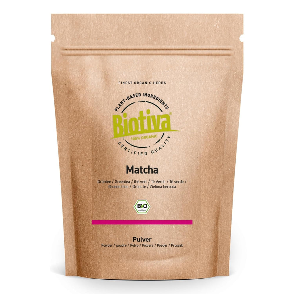 Ceai Matcha Bio 100 g - Pudră Matcha originală - Smoothie-uri cu ceai latte - Matcha bio de cea mai înaltă calitate din Japonia - Îmbuteliat și controlat în Germania - Biotiva