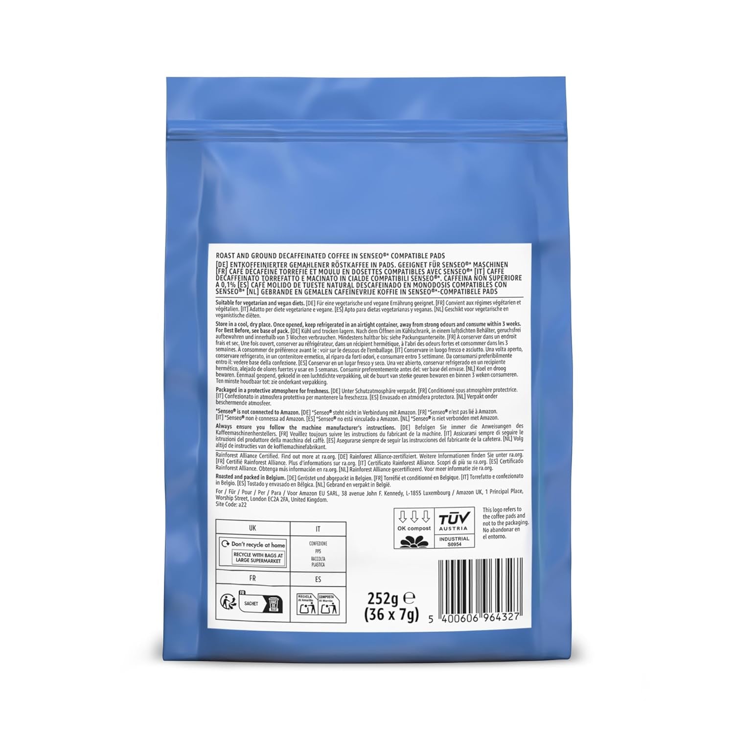 by Amazon Entkoffeinierte 100% Arabica-Kaffeepads, geeignet für Senseo-Maschinen, mittlere Röstung, 36 Stück (1 Packung mit 36 Stück) – Rainforest Alliance-zertifiziert