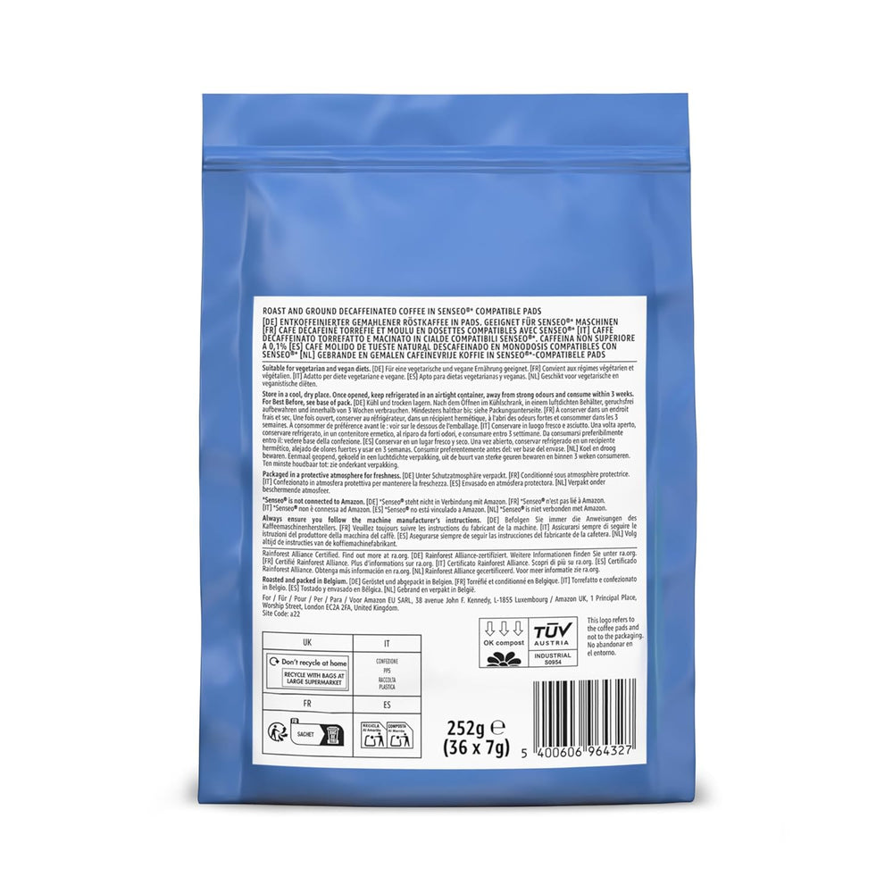 by Amazon Entkoffeinierte 100% Arabica-Kaffeepads, geeignet für Senseo-Maschinen, mittlere Röstung, 36 Stück (1 Packung mit 36 Stück) – Rainforest Alliance-zertifiziert