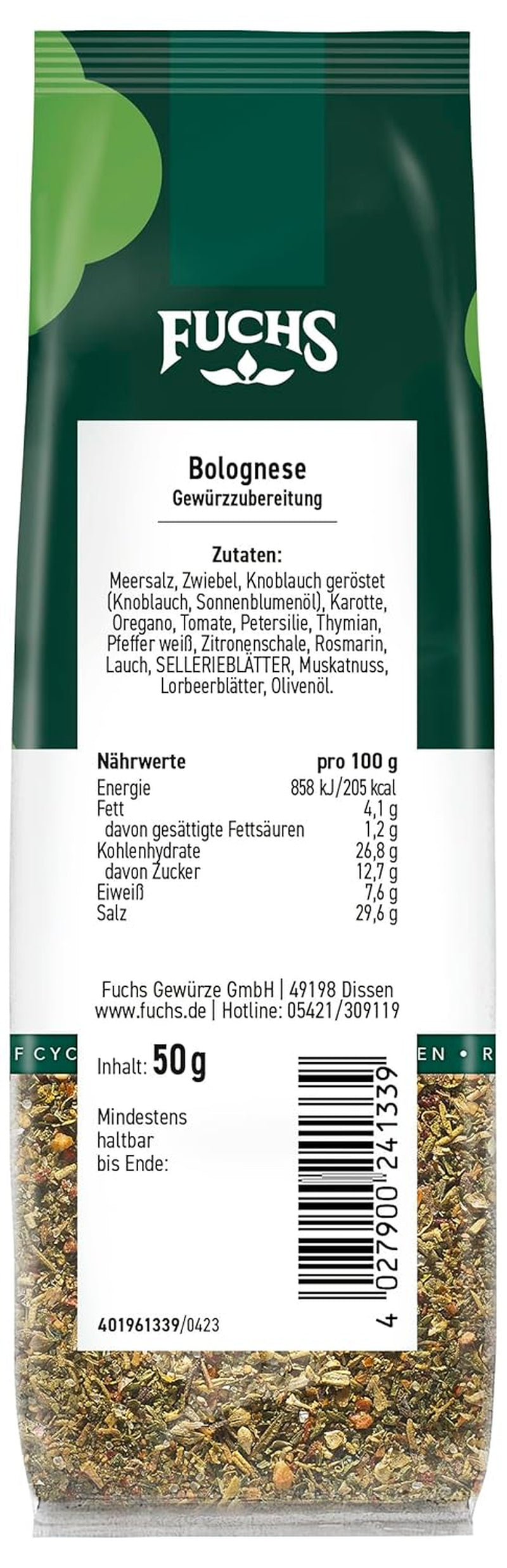 Fuchs Gewürze – Bolognese Gewürzzubereitung i genanvendelig Nachfüllbeutel, Gewürzmischung mit Italianen Kräutern, for Spaghetti- og weitere Pasta-sauce - 50 g