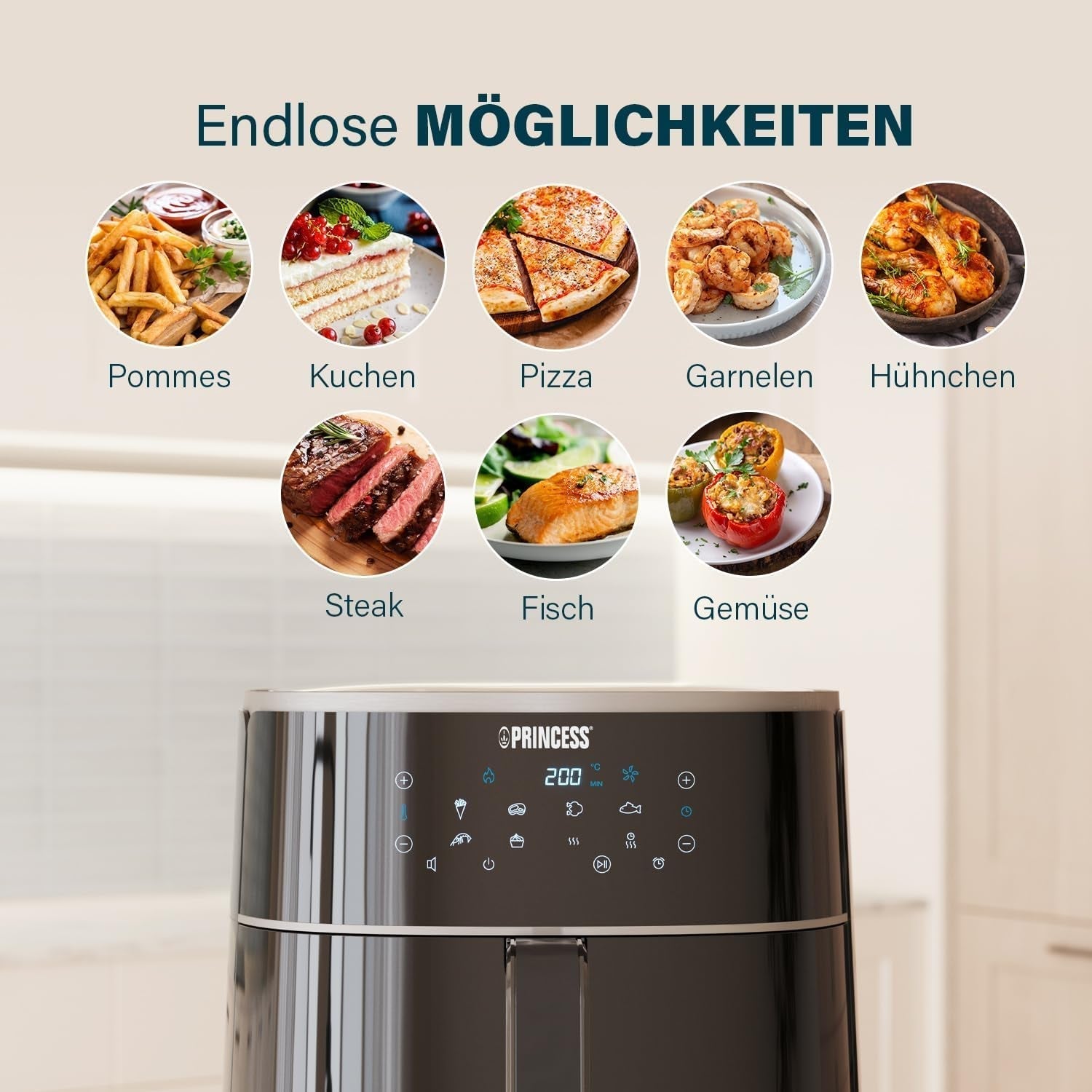 Princess Digital Hot Air Fryer - Variabel skålkapacitet - 8 liter maksimum - 6 forudindstillede programmer Hvidevarer Naty Shop