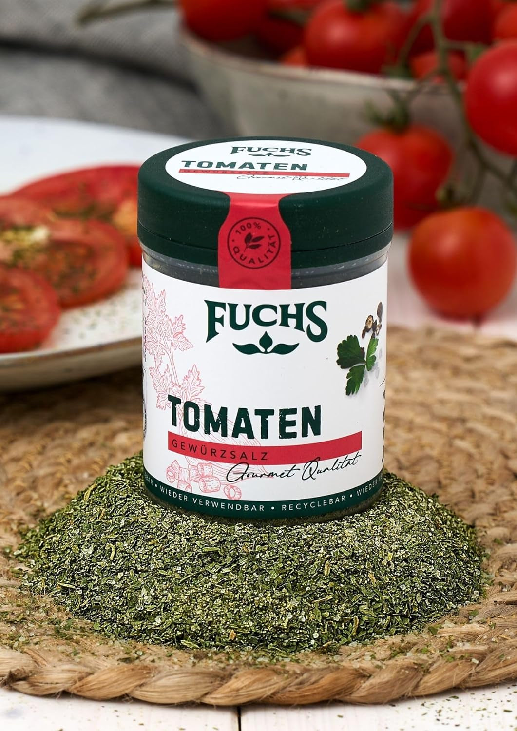 Fuchs Gewürze - Tomat Gewürz - Gewürzsalz für Tomatenbrot, Frühstücksei eller Steak - naturlige ingredienser - 90 g i wiederverwendbarer, genbrugsbarer Dosis