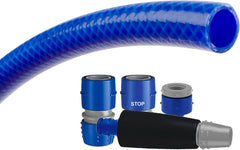 Set furtun de grădină TATAY Blue Line 25 metri Ø3/4" 19mm, 3 straturi, fabricat în Spania, rezistență 20 bar și +60°/-20°, împletit, fără cadmiu și plumb, fără BPA, anti-UV. Culoare albastru.