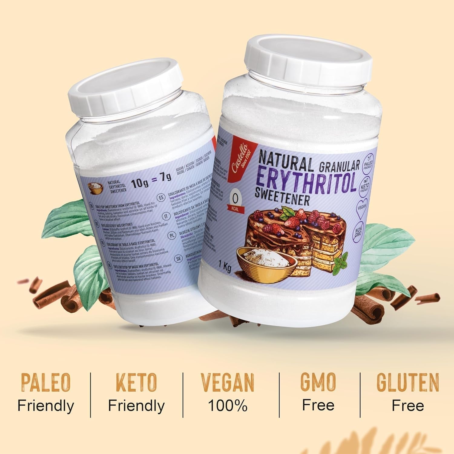 Natürliches Erythrit - Kristallzucker | 10G = 7G Zucker | Natürlicher Zuckerersatz - 0 Kalorien - 0 Glykämischer Index - Keto Und Paleo - 0 Netto-Kohlenhydrate - Kein GVO - Castello since 1907-1Kg Indulcitori Naty Shop