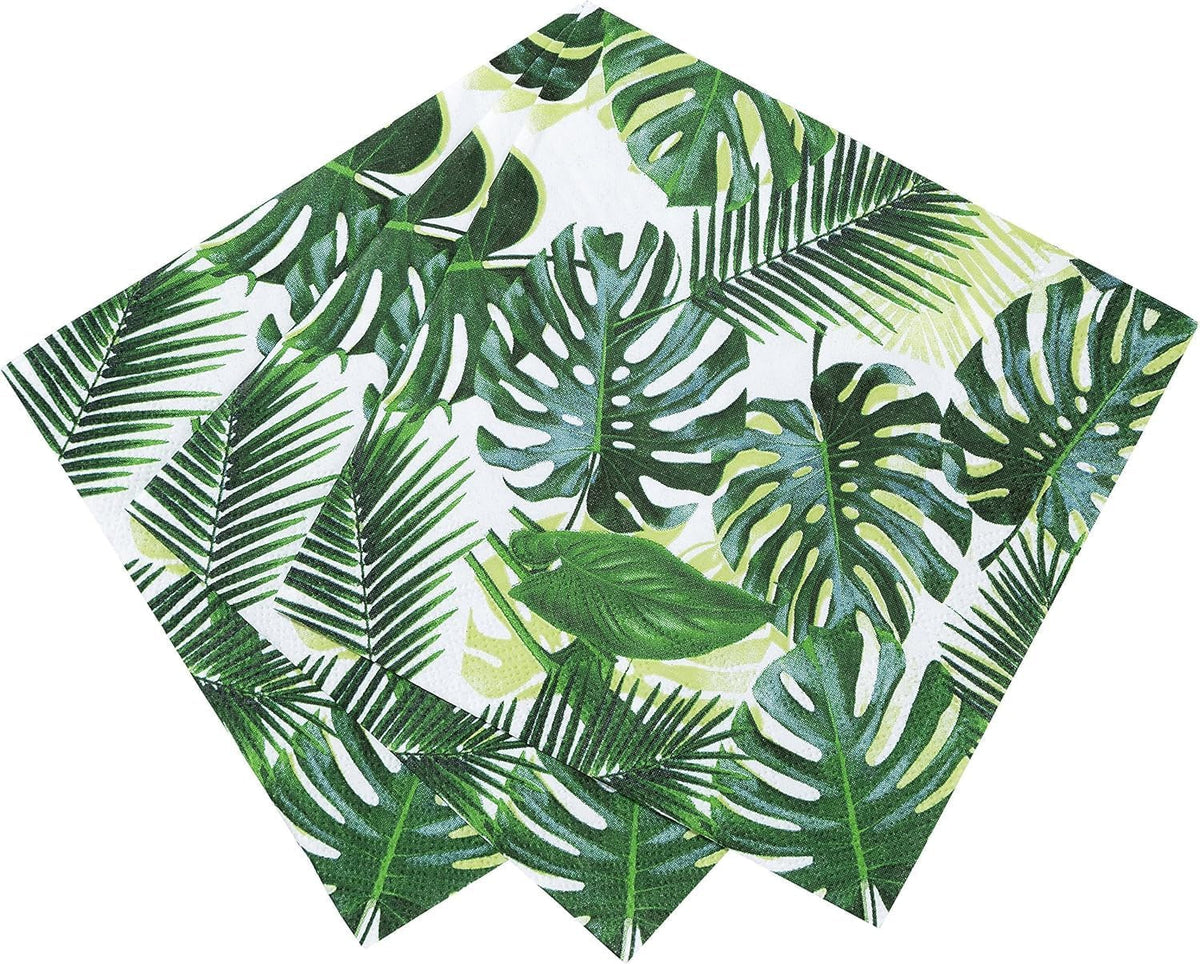 Pachet de 20 de șervețele tropicale | Șervețele de hârtie verzi cu design de frunze de palmier | Veselă de unică folosință pentru petrecerea copiilor, petrecerea Safari, junglă, dinozaur, vară, temă hawaiiană