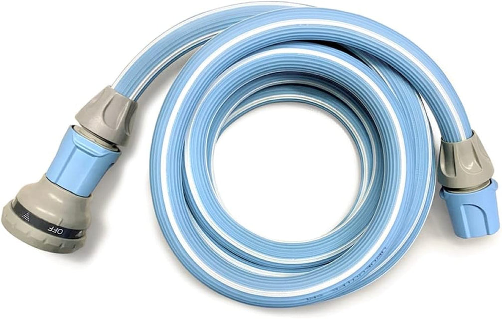 Furtun de grădină Magic Blue, extensibil, de 10 metri, rezistent la noduri și răsucire, cu sac și duză de pulverizare