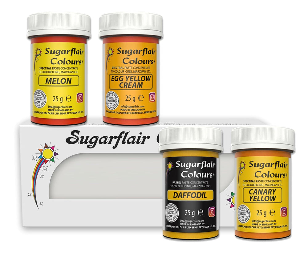 Coloranți alimentari pentru paste Sugarflair, galben, set de 4, coloranți alimentari pentru paste, fondant, marțipan, pastă de zahăr, cremă de unt și multe altele: narcisă, galben canar, galben ou cremă, pepene galben - set de 4