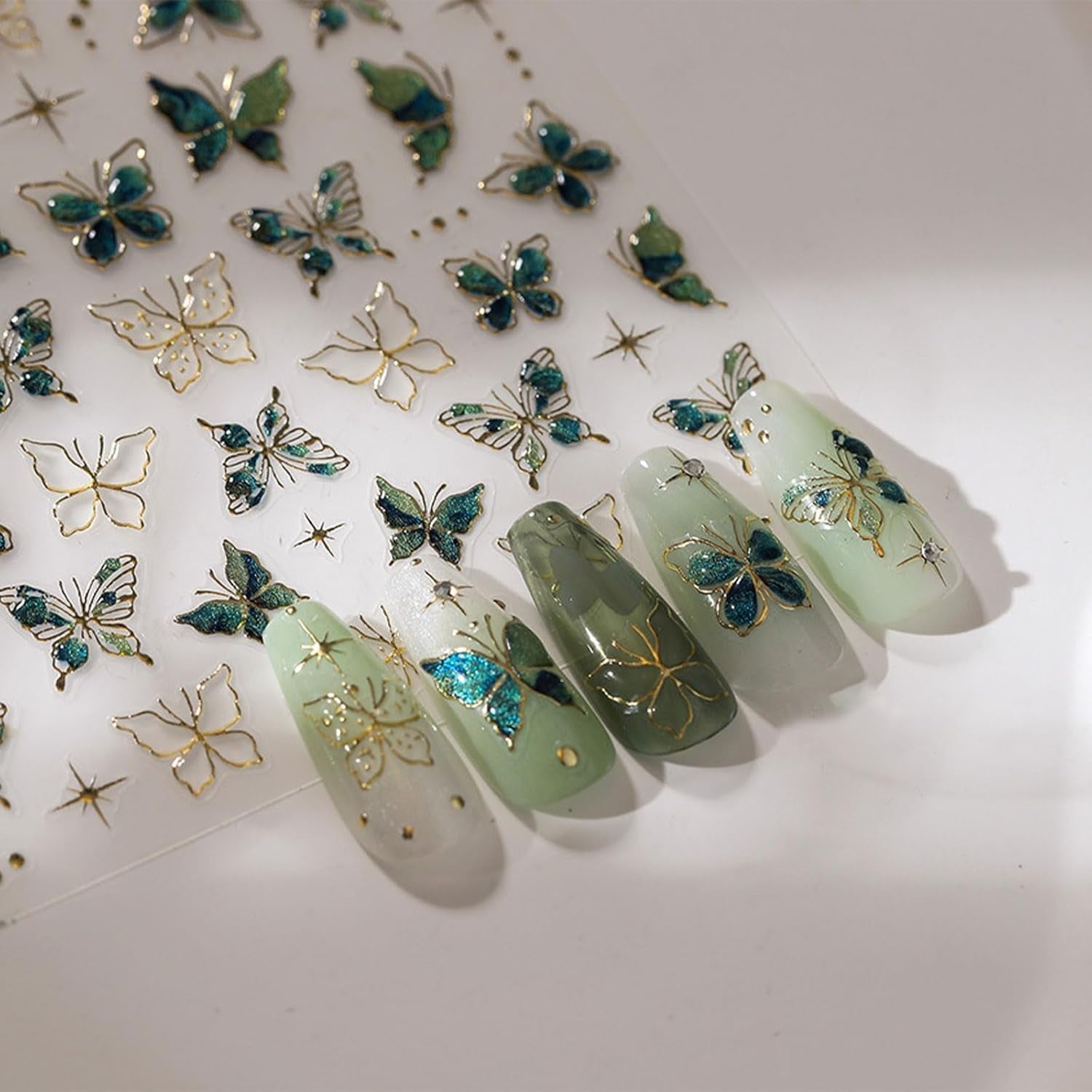 JMEOWIO 3D Nagelsticker Grün Gold Schmetterling Nail Art Sticker Selbstklebend Nagelaufkleber 5D Stereoskopisch Dekoration Nageldesign Zubehör 1 Blatt