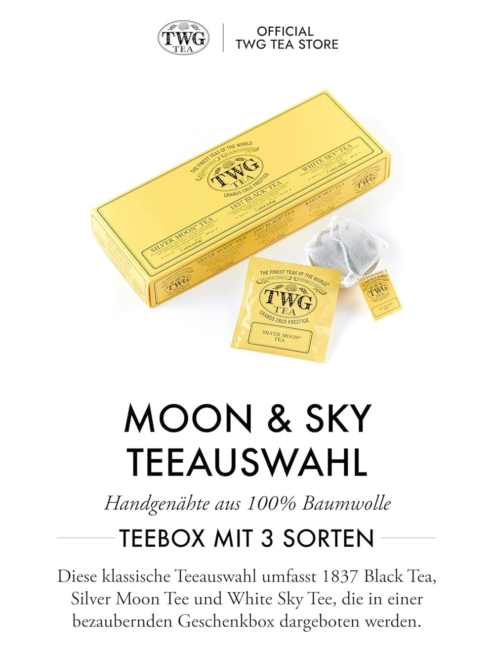 TWG Tea | Moon &amp; Sky Selection | Cutie de ceai cu 3 sortimente | 15 pliculețe de ceai cusute manual din bumbac | Set cadou