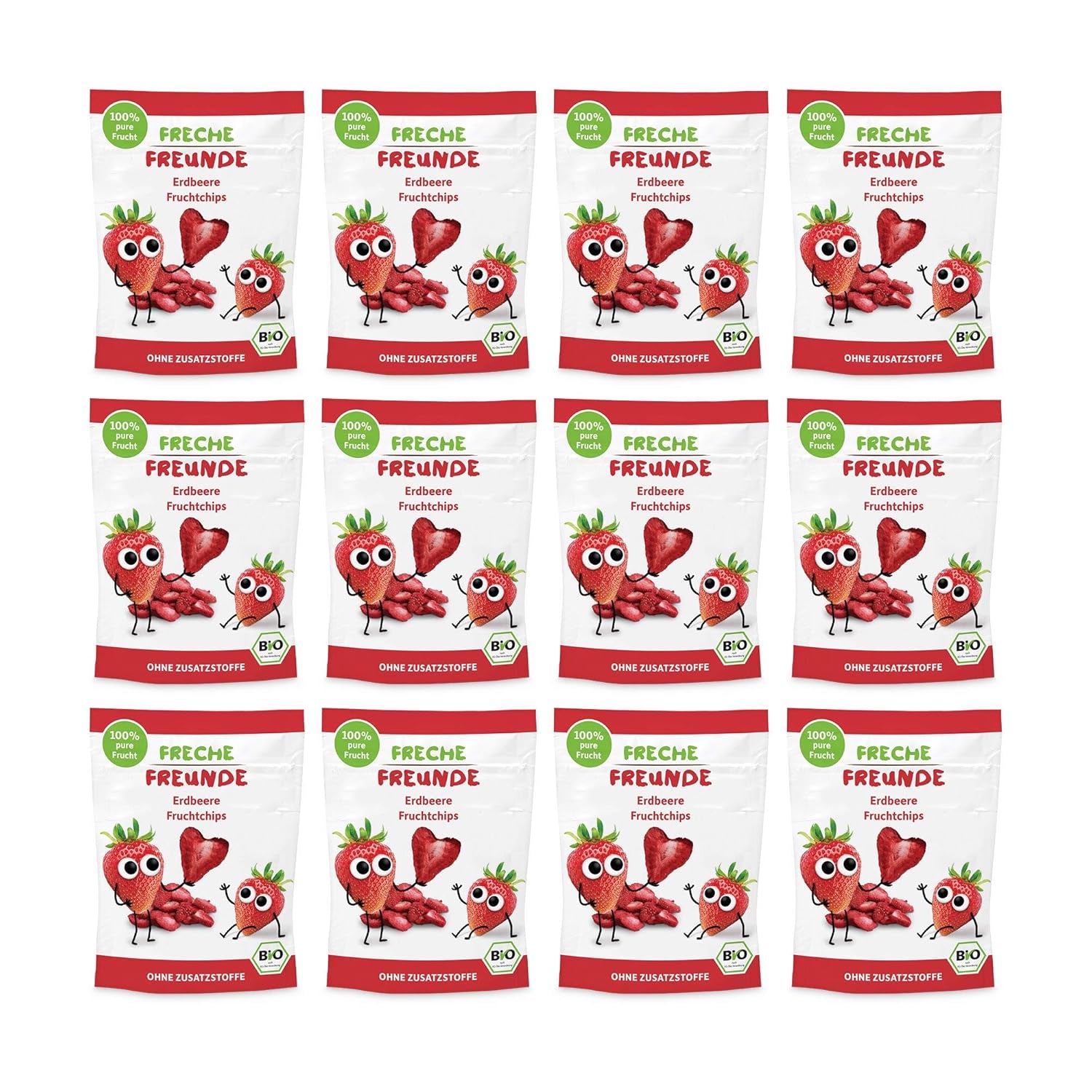 100 % Jordbær økologiske frugtchips frysetørrede jordbærchips Pakke med 12 (12 x 12 g) og sprøde hjerter Banan & Jordbær økologisk børne- og babysnack (9 x 30 g) 270 g