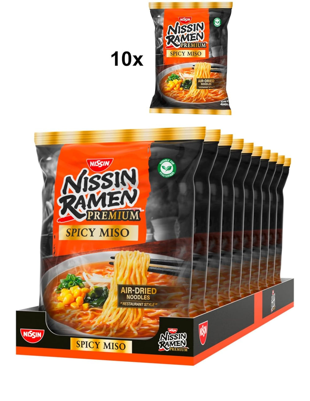 Nissin Ramen Premium - Miso Spicy 10 Pack Japanese Style Air Dry Instant Nudles til 'Restaurant Style' Ramen med en mildt krydret smag af miso og wakame flager (10 x 90,7 g)