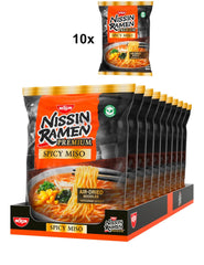 Nissin Ramen Premium - Miso Spicy 10 Pack Japanese Style Air Dry Instant Nudles til 'Restaurant Style' Ramen med en mildt krydret smag af miso og wakame flager (10 x 90,7 g)