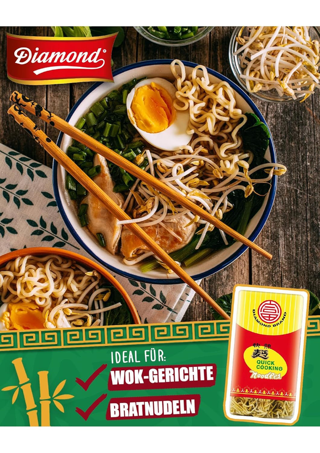 DIAMOND instant ægfri nudler, instant hvedemel wok nudler og tilbehør - 1 x 500 g
