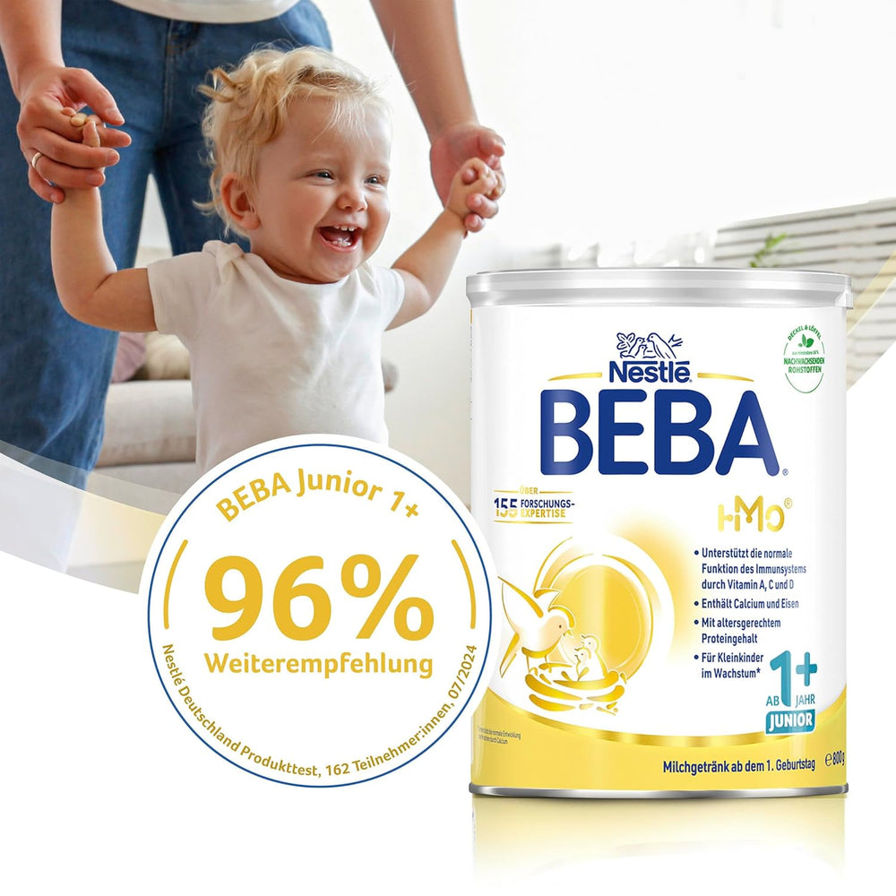 BEBA Junior 1+ mælkedrik fra 1 år, med HMO, alderssvarende proteinindhold, kun laktose, ingen palmeolie, ingen fiskeolie, småbørnsmad, babymælkpulver, pakke med 6 (6 x 800 g)