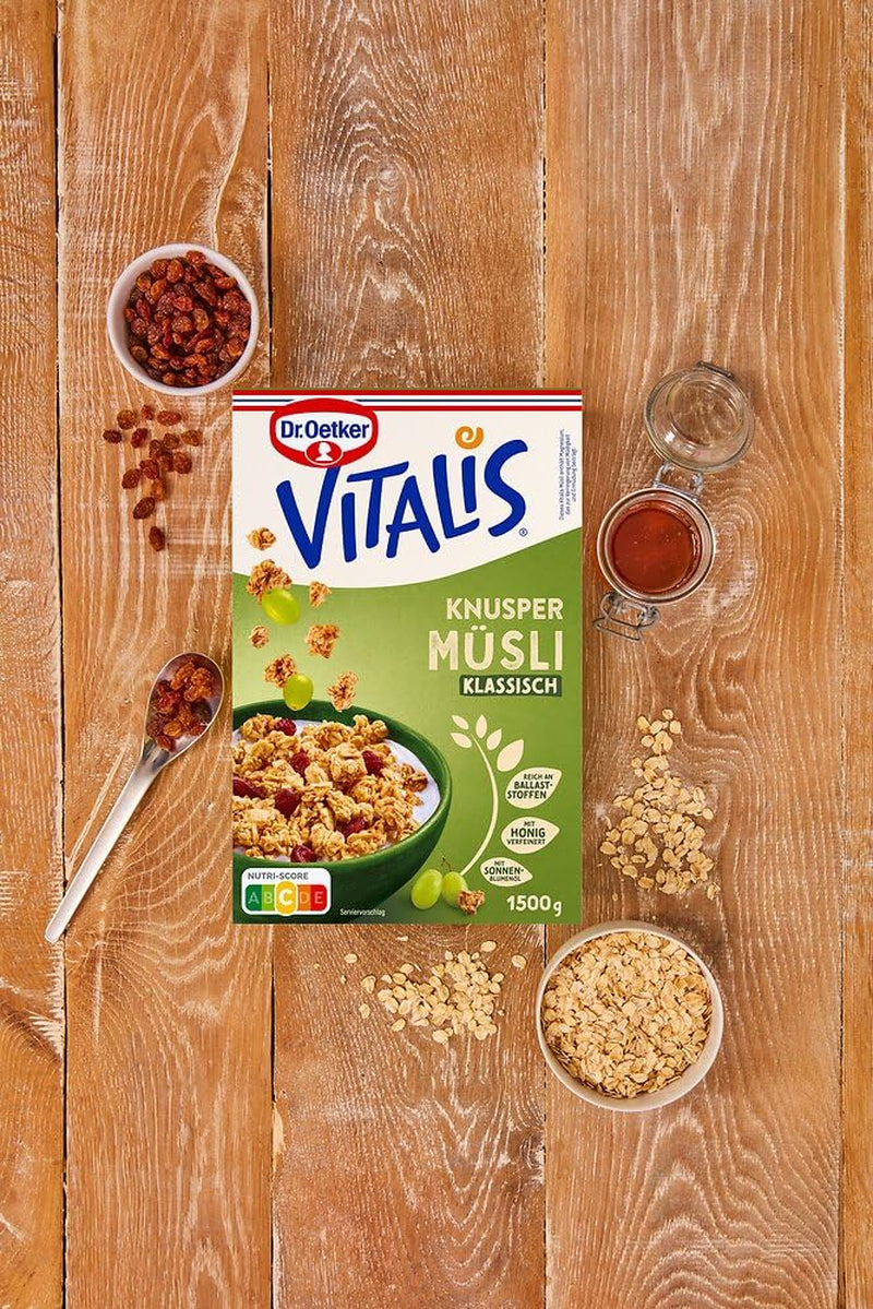 Dr. Oetker Vitalis Classic Crispy Mysli: Stor pakke sprød morgenmadsmüsli med rosiner, 1 pakke, 1,5 kg