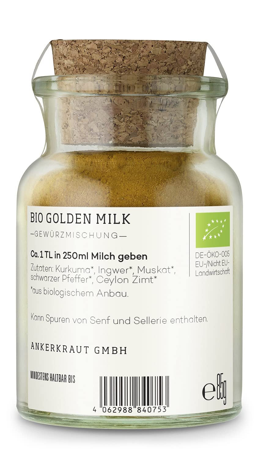 Ankerkraut Bio Golden Milk, Gewürz für goldene Milch, med gurkemeje, Zimt og Ingwer, 75 g i et korkglas