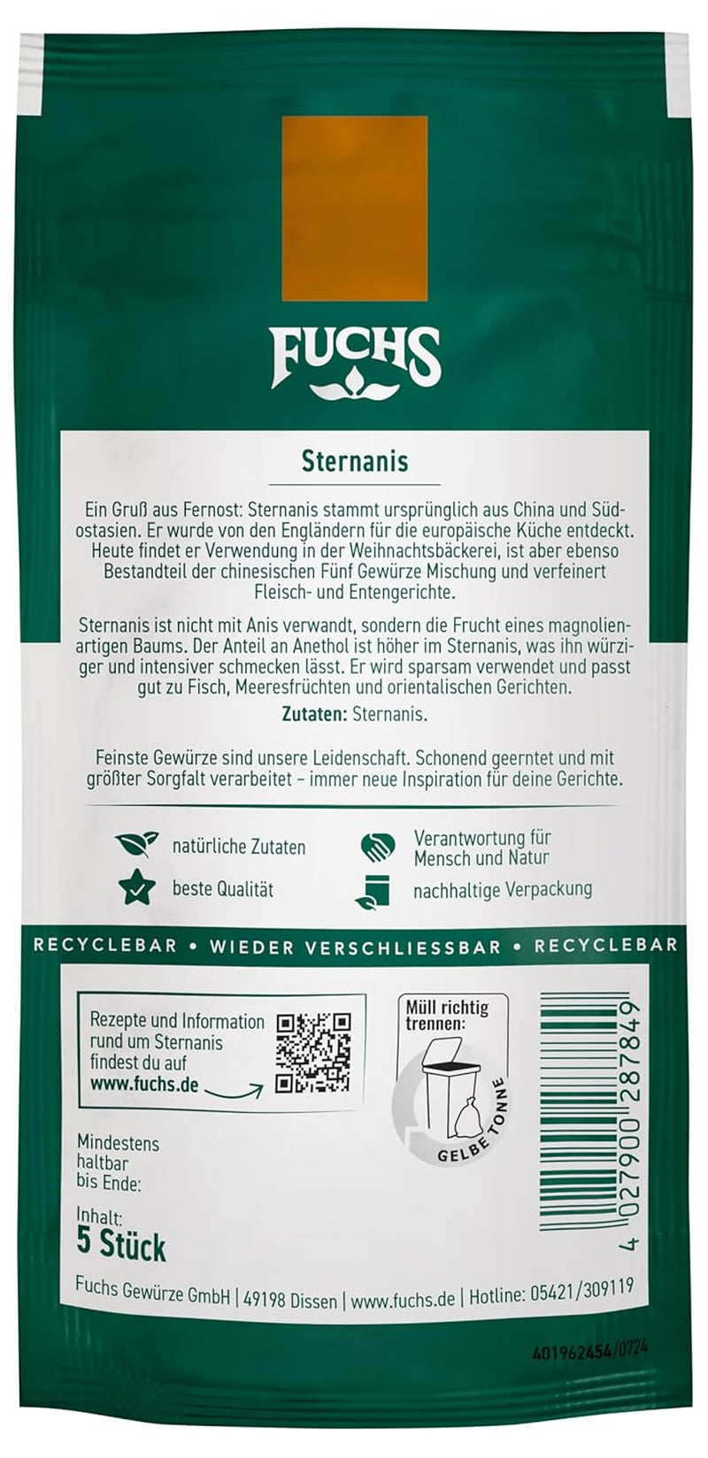 Fuchs Gewürze - Sternanis ganz | Aus natürliche Ingrediens | 9 g genlukkelig, genanvendelig taske