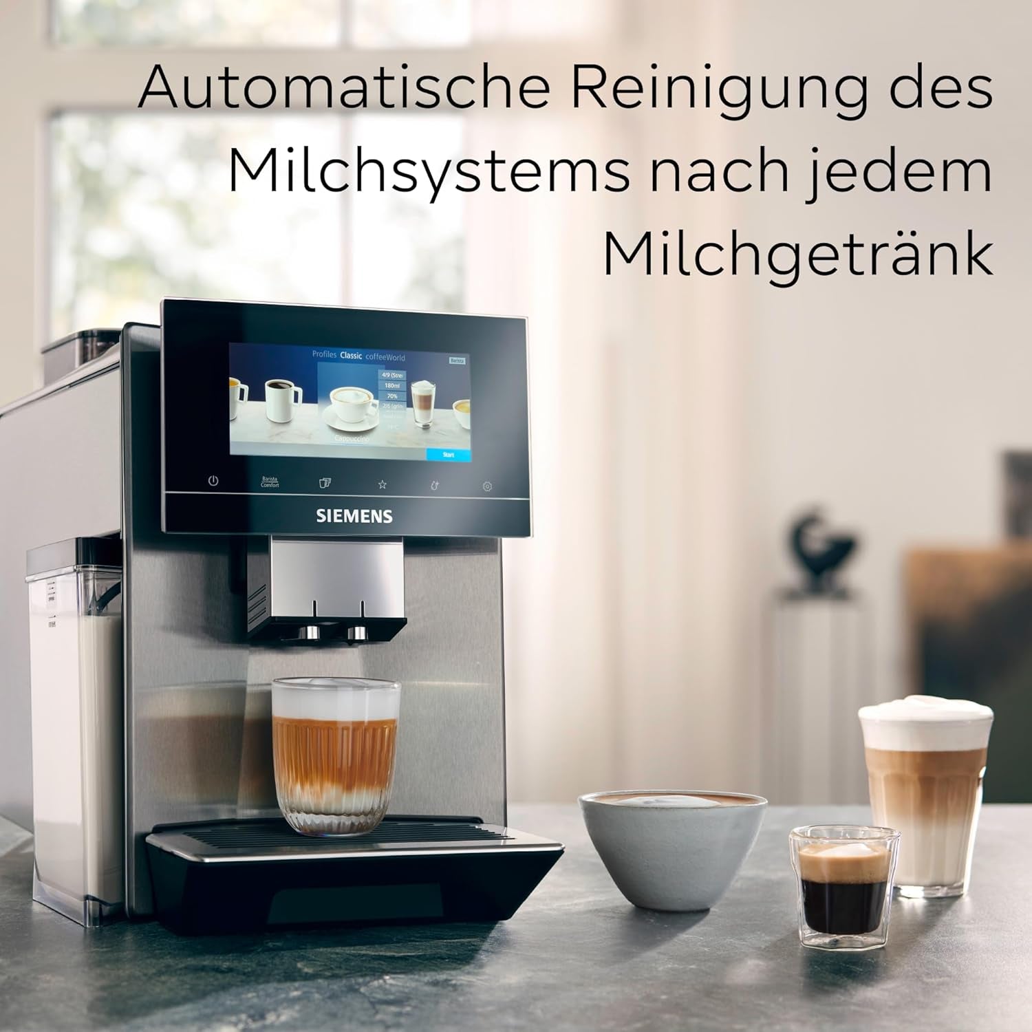 Espressor automat Siemens EQ900, ecran TFT color mare, 2 recipiente pentru boabe, 36 de băuturi calde și reci, cafea rece, super silențios, funcție pentru două cești, control prin aplicație, oțel inoxidabil, TQ907D03
