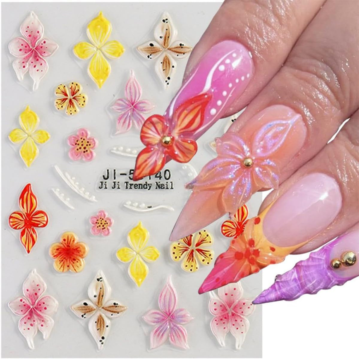 JMEOWIO 3D Nagelsticker Colorful Flower Nail Art Sticker Selbstklebend Nagelaufkleber 5D Stereoskopisch Spring Summer Floral Dekoration Nageldesign Zubehör 4 Blatt