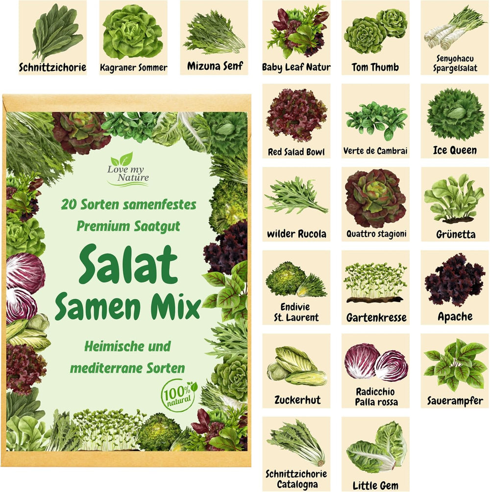 Salatfrøblanding - 20 sorters sæt - Hurtig høst, skæring og vintersalater - 100 % naturlig - Ingen vækststimulerende midler - pakket med kærlighed - Indeholder instruktioner og individuel mærkning