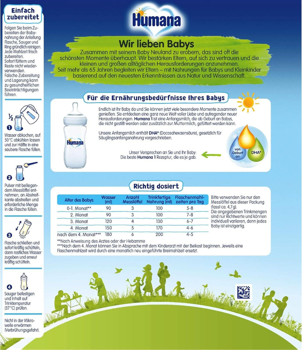 Humana Initial Milk 1, fra fødslen, mælkepulver til spædbørnsmælk, udover modermælk eller som eneste mad til babyer, startmad kun med DHA og laktose, 750 g Mother and Child Naty Shop