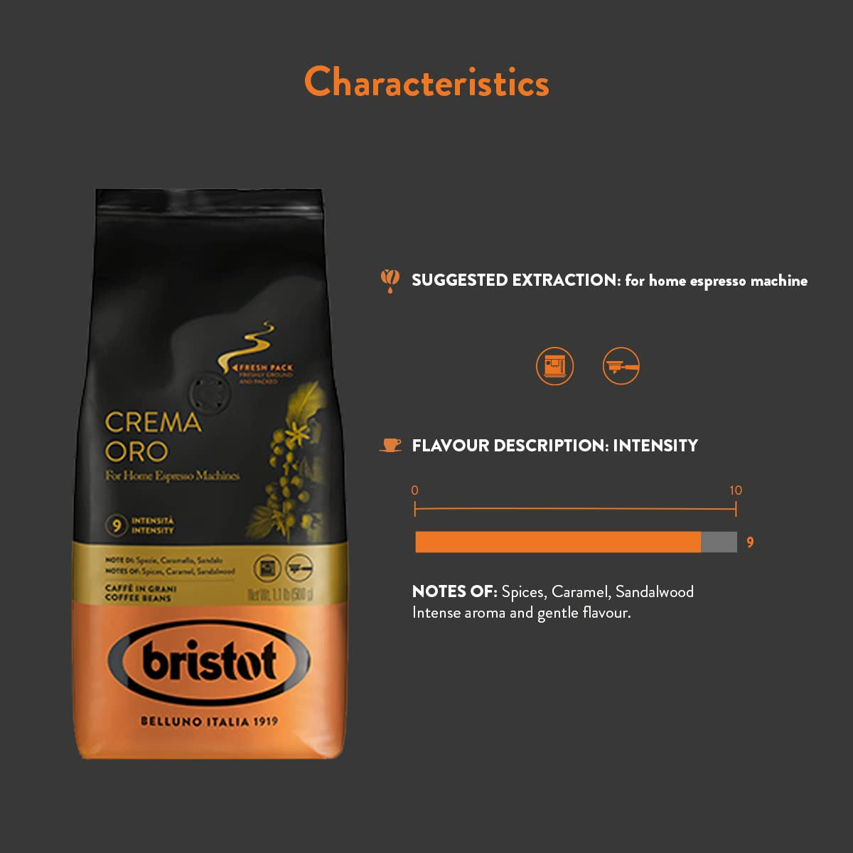 Bristot, Kaffeebohnen CREMA ORO – Insgesamt 1 kg – Mischung mit intensivem Aroma, süßem Geschmack, Gewürzen, Karamell, Sandelholznoten – Set mit 2 pro 500 g