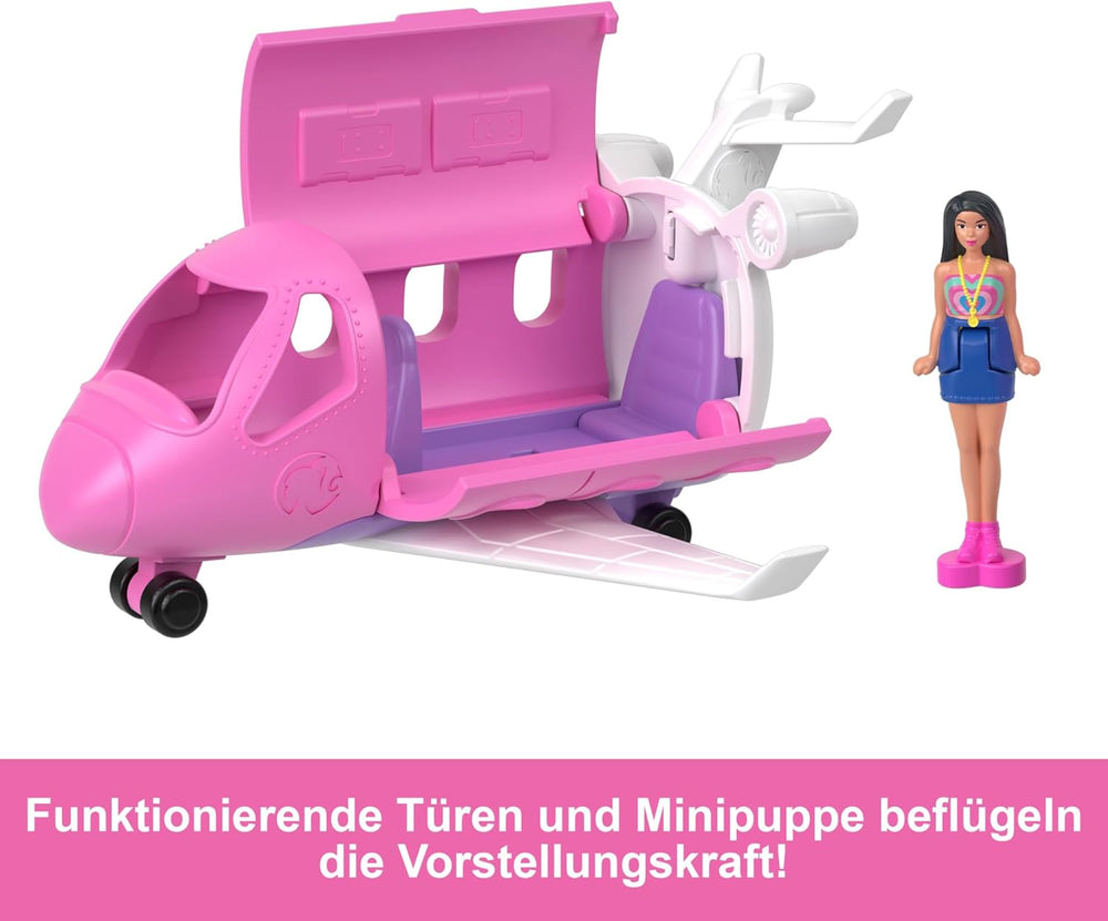Păpușa Barbie Mini BarbieLand și seturi de vehicule de jucărie, păpușă de 3,8 cm și vehicul de jucărie emblematic cu surpriză care își schimbă culoarea, HYF40