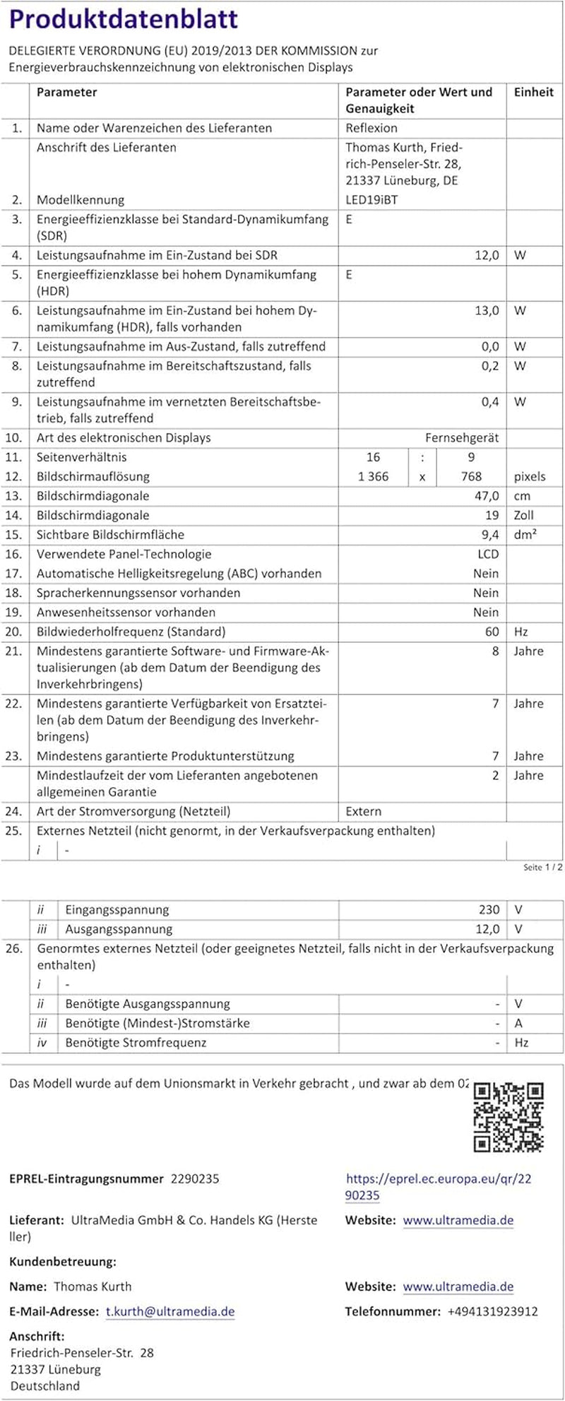 Televizor inteligent REFLEXION LED19iBT de 19 inci (HD Ready, DVB-T2/S2/C, HDMI, CI+, Bluetooth, WLAN, 12V/230V) – Televizor ușor de camping pentru rulote, autorulote, bărci și camioane cu VESA 100x100