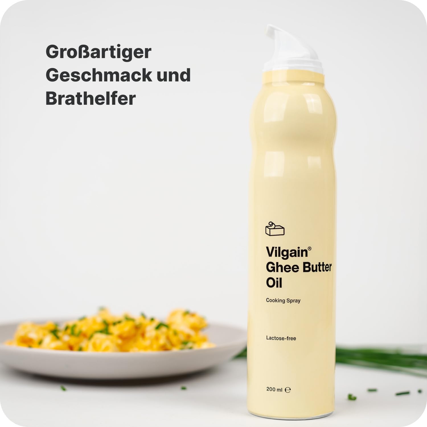 Vilgain Ghee Spray med Avocadoöl | Laktosefri, zum Kochen & Backen | Rauchpunkt 195°C, herzgesund, BRC-zertifiziert | Ideel til laktosefølsomme mennesker Geschmacks-Harmonie, 200ml