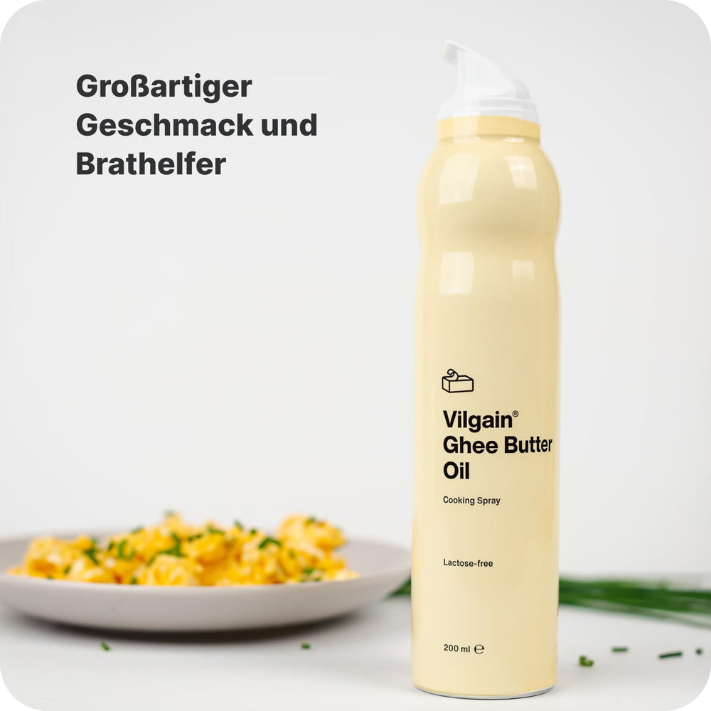 Vilgain Ghee Spray med Avocadoöl | Laktosefri, zum Kochen & Backen | Rauchpunkt 195°C, herzgesund, BRC-zertifiziert | Ideel til laktosefølsomme mennesker Geschmacks-Harmonie, 200ml