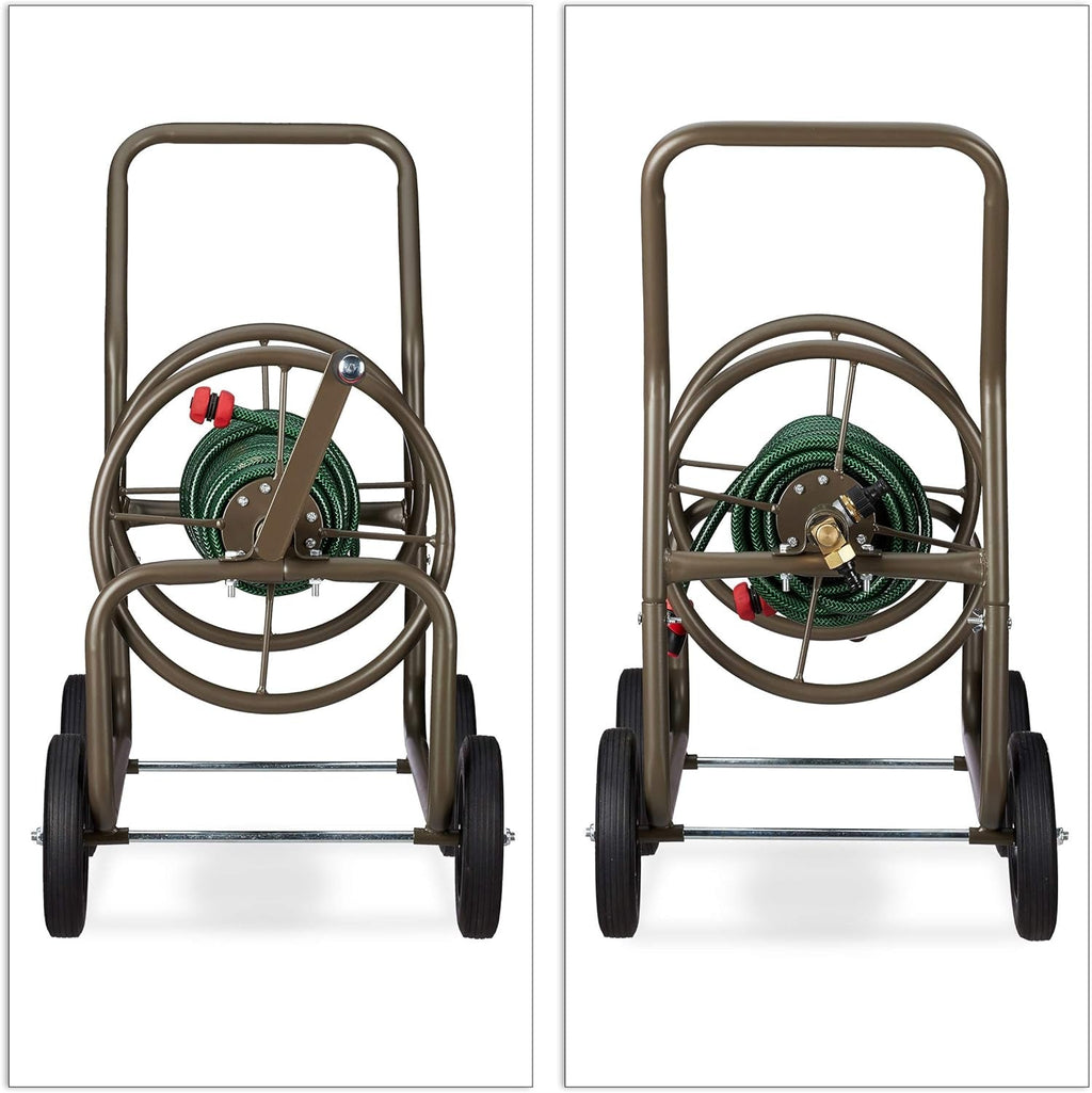 Cărucior furtun Relaxdays XL, rolă mobilă pentru furtun, metal, pentru furtun de 60 m, 4 roți, cu manivelă, derulare la 90°, maro