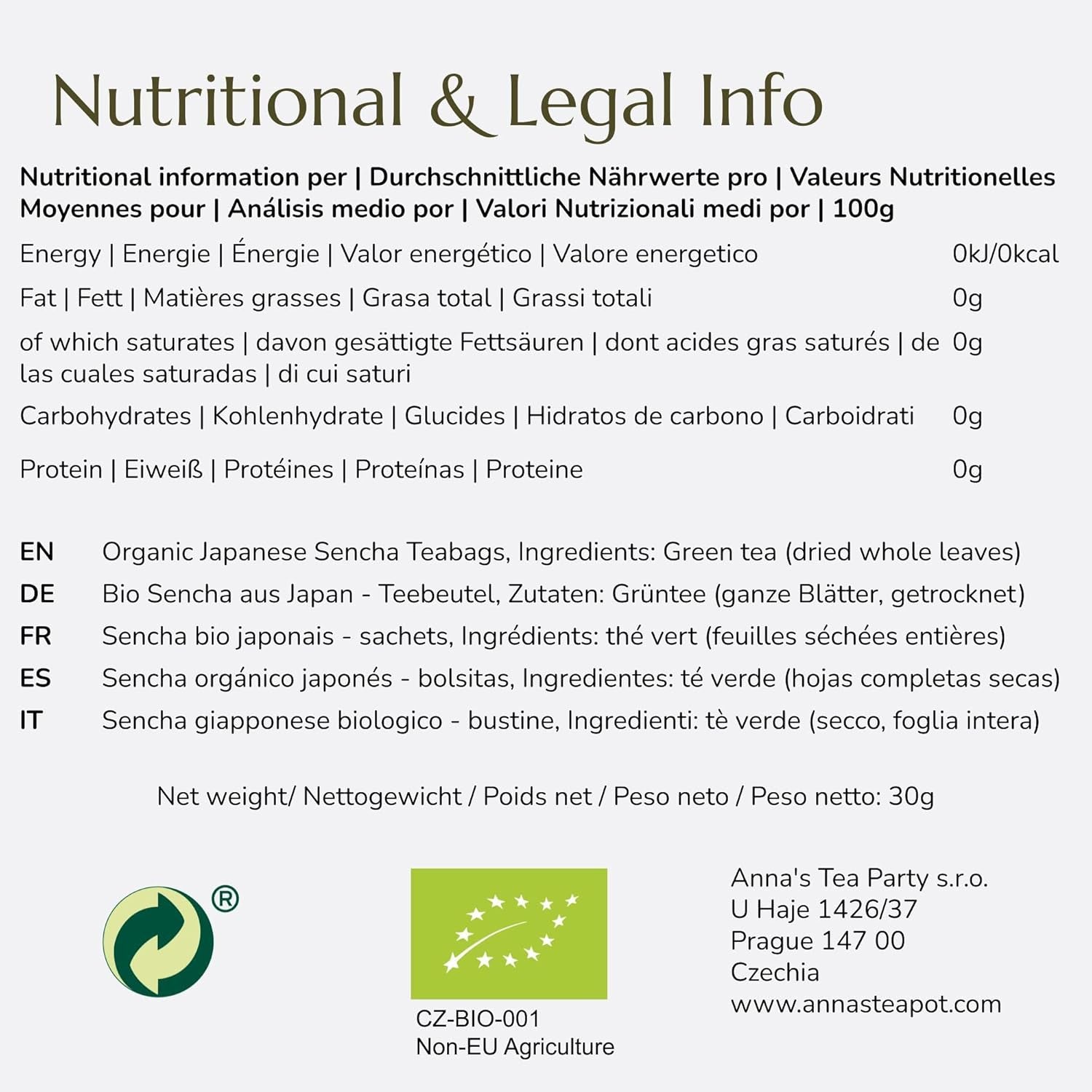 Anna'S Teapot Sencha Ceai verde organic Pliculețe - Ceai verde japonez organic 20 pliculețe piramidale într-o pungă resigilabilă