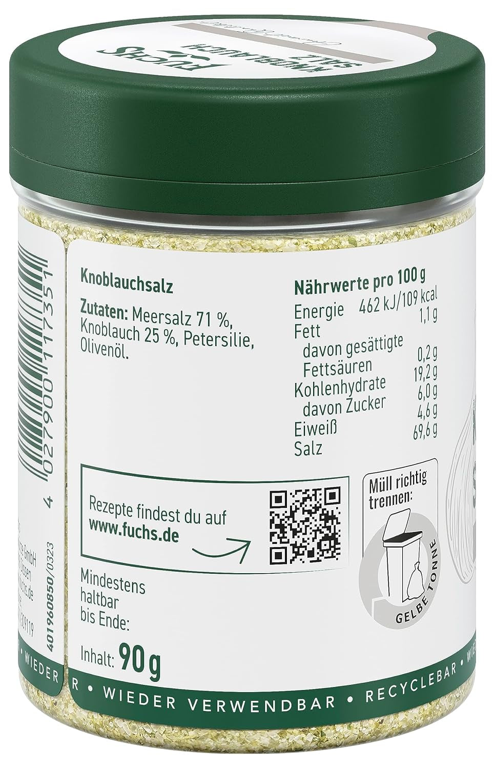 Fuchs Gewürze - Knoblauchsalz - Gewürzsalz für Dips, Saucen og Gemüse - naturlige ingredienser - 90 g i wiederverwendbarer, genbrugsbarer Dosis