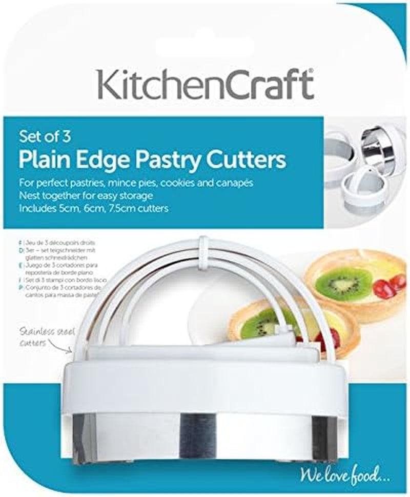 Forme rotunde pentru biscuiți KitchenCraft din oțel inoxidabil cu mânere din plastic, set de 3: 5 cm, 6 cm, 7,5 cm, suprapunibile