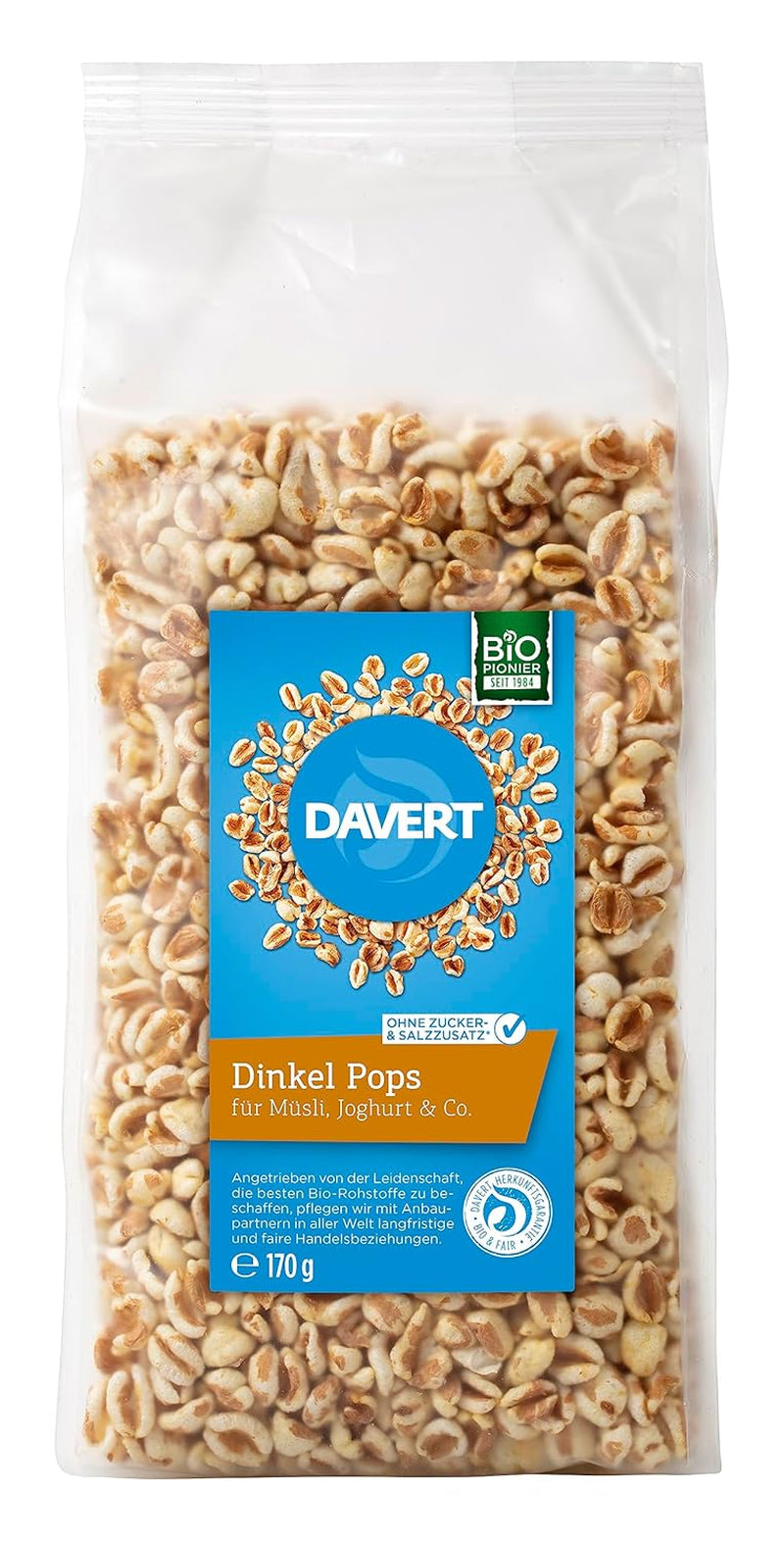 Davert Spelt Lollipops 170 g – Smagsgivende, luftige og lette ekspanderede speltbønner med en delikat ristningssmag – 100 % Davert Organic Quality (1 x 170 g)