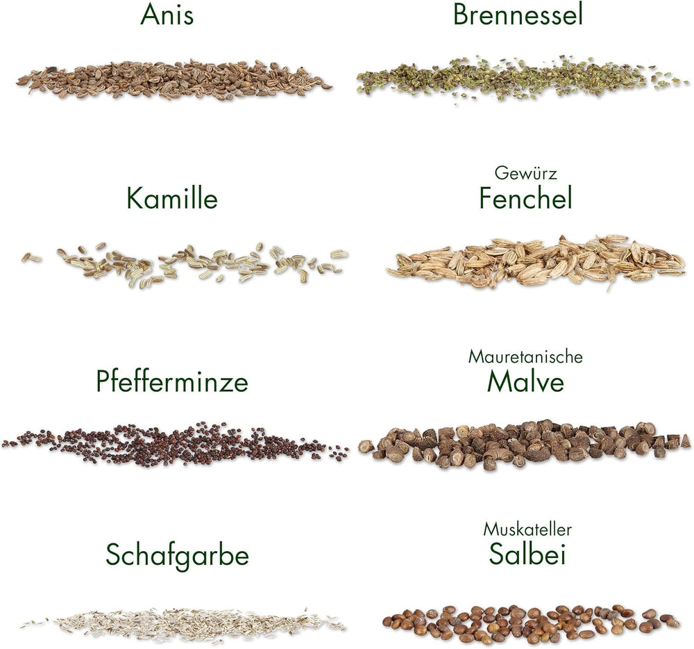 Tefrøsæt: 8 sorter af frø til altan og have - mynte, kamille, anis, brændenælde, malve - plantefrø - te - tekasse - Egendyrkede planter