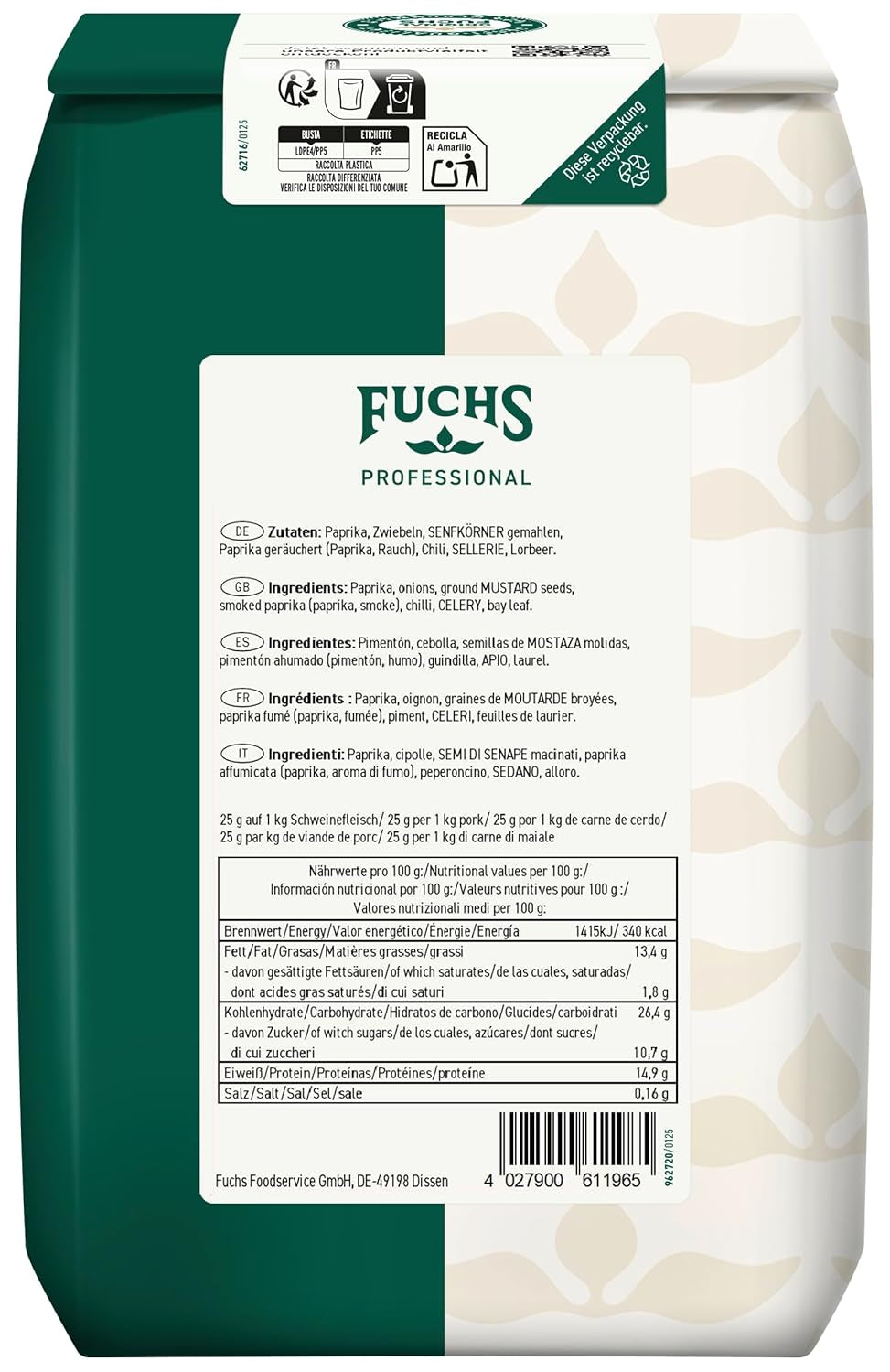 Fuchs Professional - Schaschlik Gewürzmischung | Zum Würzen/Marinieren af ​​gebratenem eller gegrillten Fleisch | Profi-Qualität für Großverbraucher | 1 kg im genbrugspose