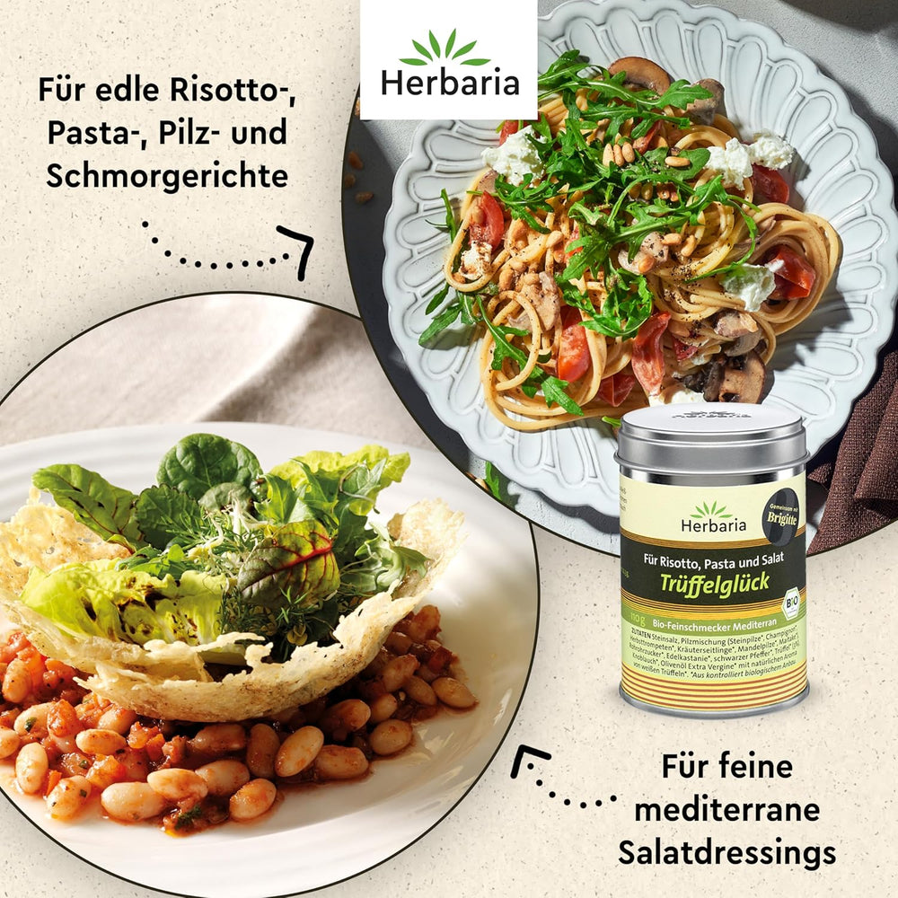 Herbaria Trüffelglück bio 110g M-Dosis - Fertiges Bio-Pilz- & Trufflegewürz for intensiv-köstliche Gerichte - mit erlesenen Ingrediens - i nachhaltiger Aromaschutz-Dose