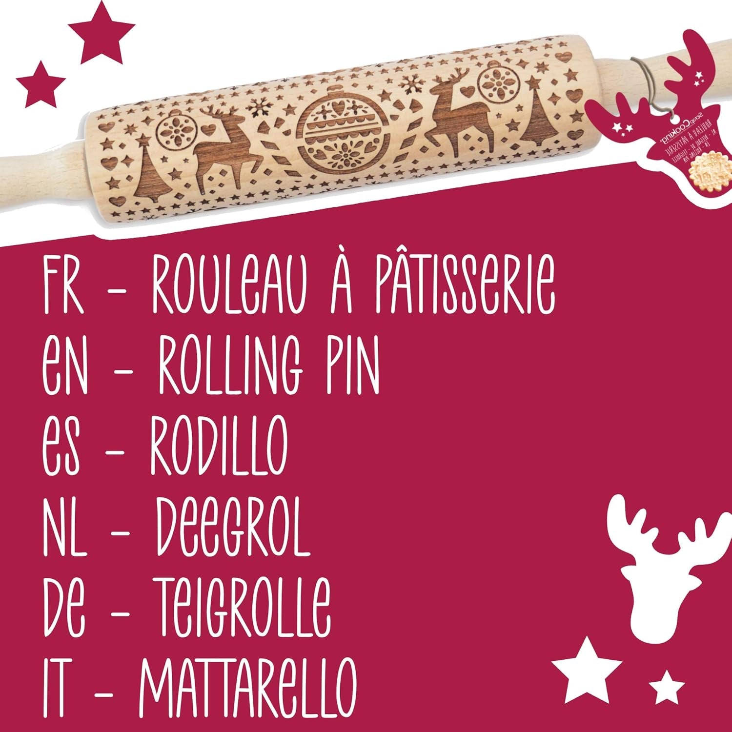 Scrap Cooking Teigrolle aus Holz "Xmas" mit weihnachtlichen Motiven – Prægerolle mit gepfragten Verzierungen für Kekse – dekorative Zubehör – 5242