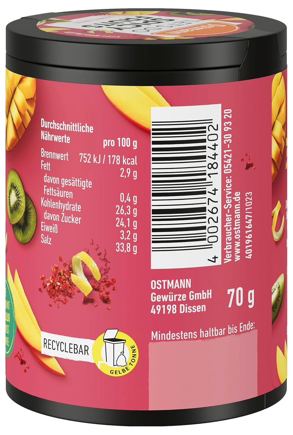 Ostmann Gewürze - Let's Do Spicy Fruits | Würzmischung für süßes Obst skabt af Lalaleluu | scharfes Obst-Topping med Chili og Pfeffer, lecker auf Apfel eller Mango | 70 g i Metalldose genbrugsbar