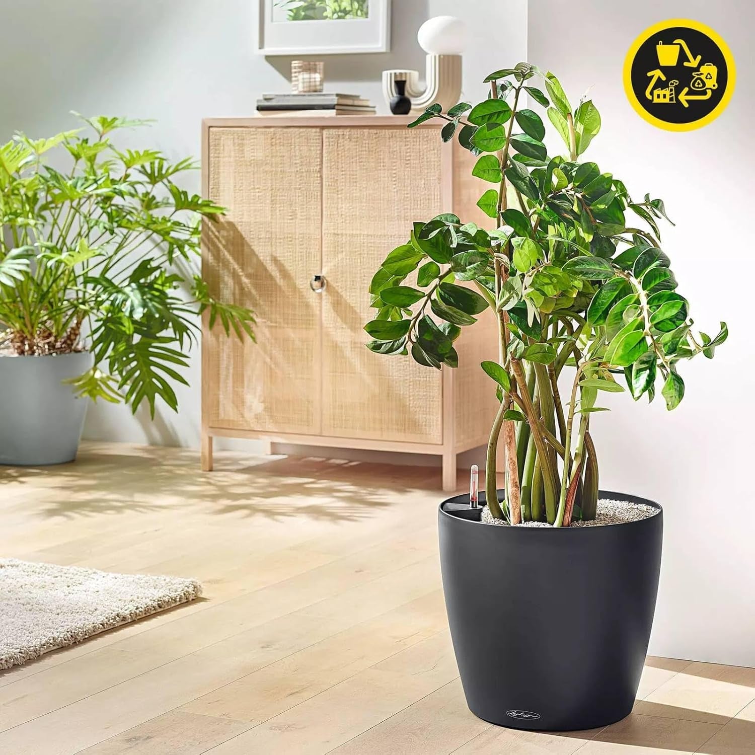 Jardinieră LECHUZA Classico Color ECO 60 Gri Închis | Jardinieră cu sistem de udare și indicator al nivelului apei | Fabricată din plastic 100% reciclat | Finisaj mat | Ø 60 x 55,5 cm | 18955