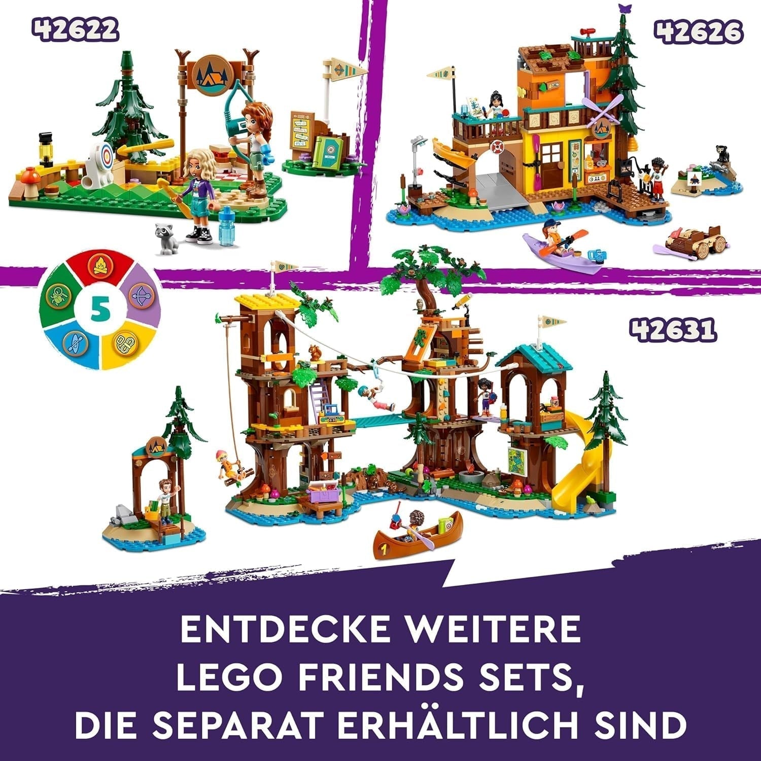 LEGO Friends træhus på eventyrlejr, legesæt til piger og drenge 8 år med 5 figurer og 5 dyr, gaveidé til kreative spil, sportslegetøj, dukkehus 42631 byggesæt Besuche den LEGO-Store