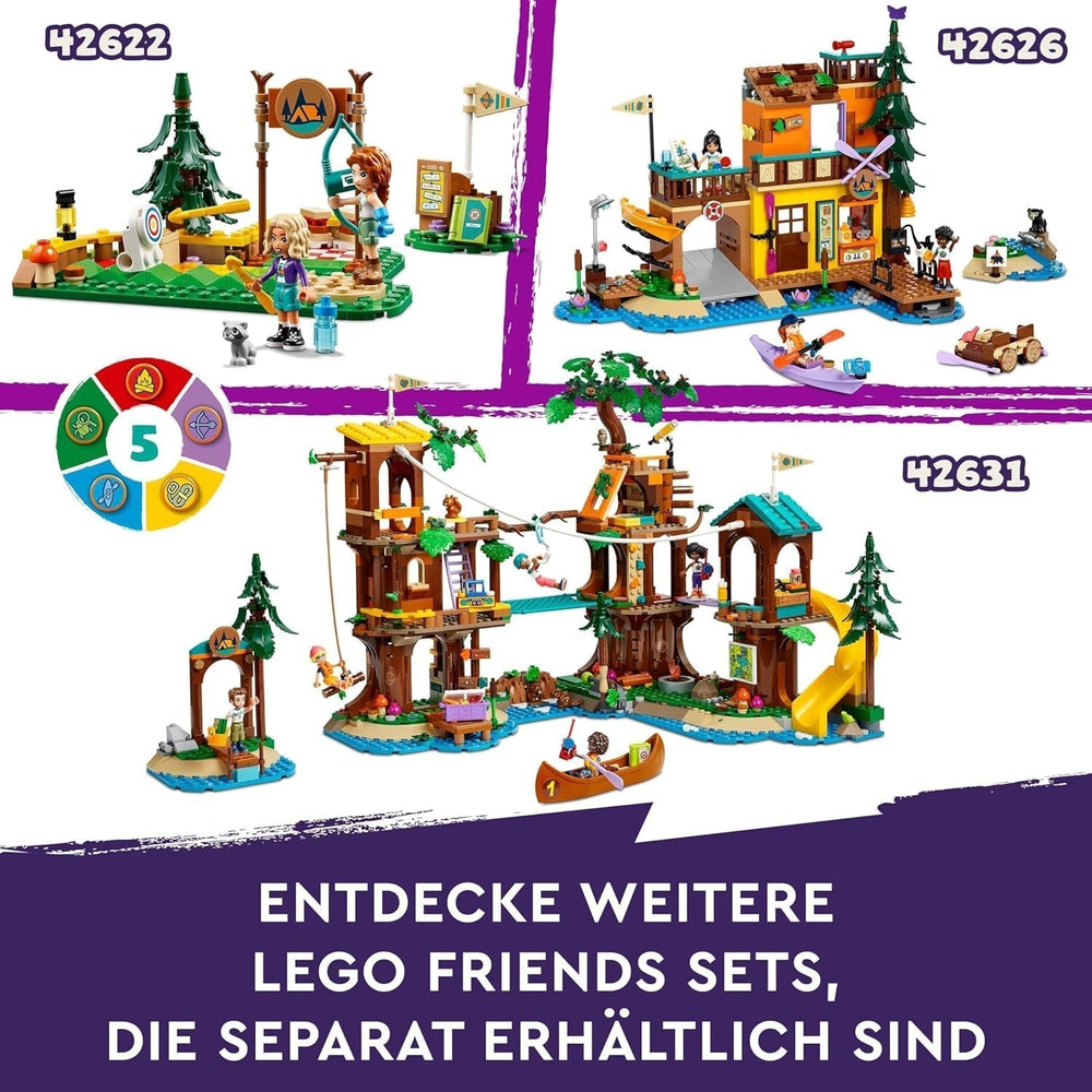 LEGO Friends træhus på eventyrlejr, legesæt til piger og drenge 8 år med 5 figurer og 5 dyr, gaveidé til kreative spil, sportslegetøj, dukkehus 42631 byggesæt Besuche den LEGO-Store