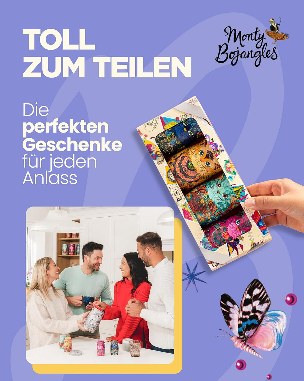 Monty Bojangles Savanna Gold Chokoladetrøfler (135 g) Kakaopulverpralingavesæt i en individuel kattedesign-samleræske Flutter Scotch-smag