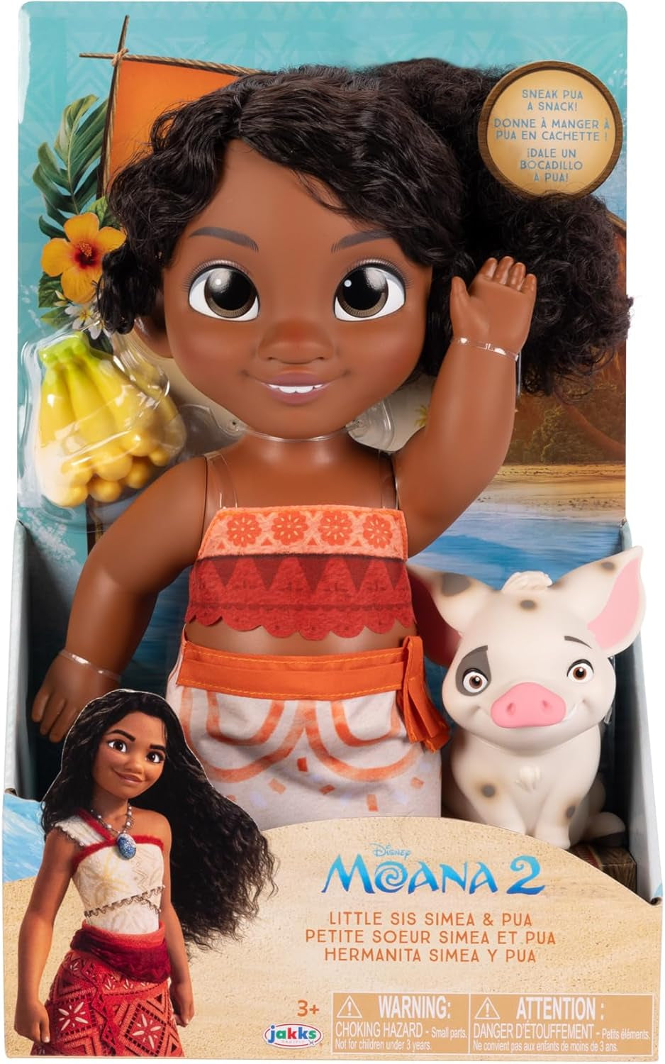 Set de joacă cu păpușă Vaiana 2, sora mai mică a Disney, Simea, și figurină Pua de la Jakks Pacific, 27 cm înălțime, include 1 costum de păpușă, 1 Pua, 1 mănunchi de banane din plastic, recomandat copiilor cu vârsta de 3 ani și peste