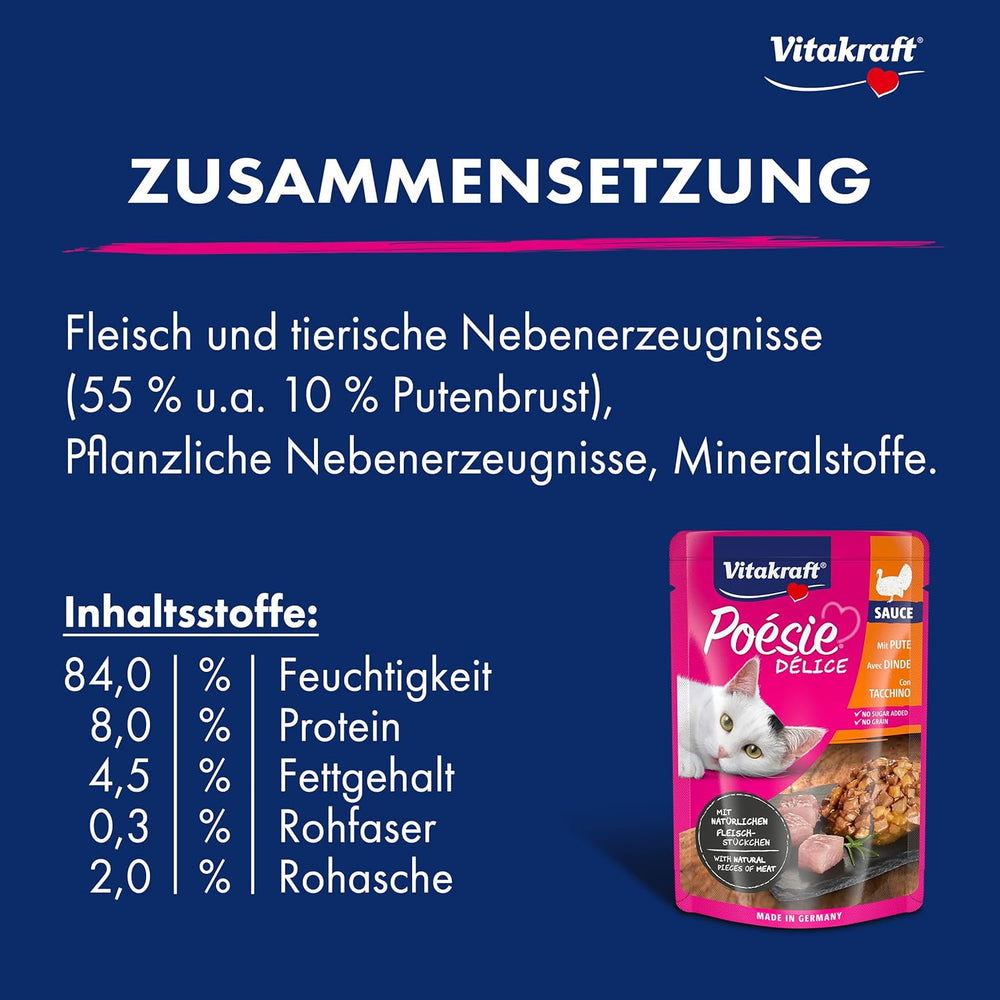 Vitakraft Poésie Délice, hrană umedă pentru pisici, hrană pentru pisici în sos, cu curcan, pachet vrac, fără zahăr adăugat sau cereale (23 x 85g)