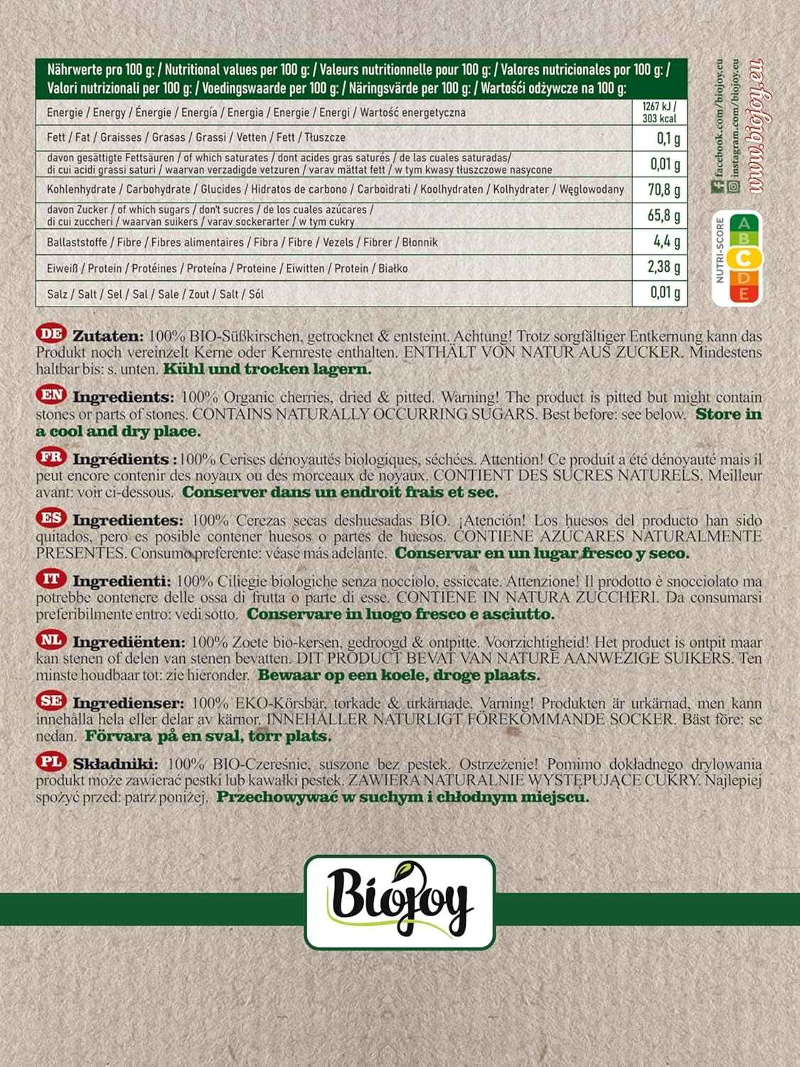 Cireșe dulci uscate bio Biojoy (500 g), fără sâmburi și fără sulf Produse deshidratate Naty Shop