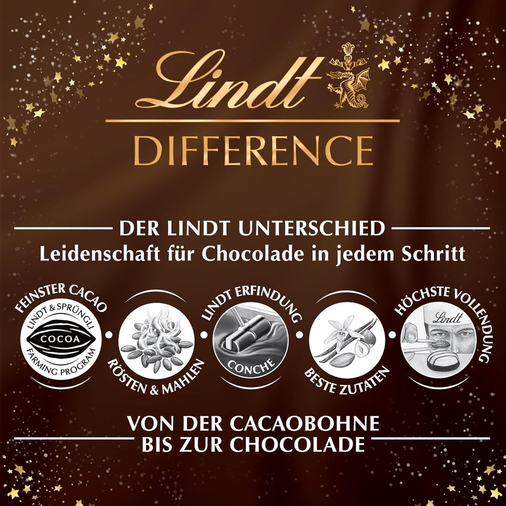 Lindt Chokolade | Æske med guldstykker praliner | 180g | 18 praliner i 10 sortimenter som fint sortiment af praliner, nogle med alkohol | Premium gaveæske med julepraliner