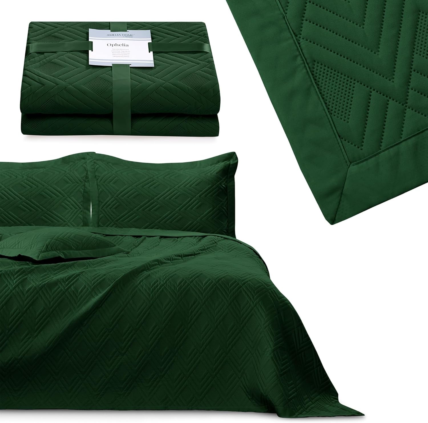 Ameliahome Cuvertură de pat 170X210 Cm Cuvertură de pat cu două fețe Ultrasonic Quilting Poliester Ophelia Dark Green Paturi si Cuverturi Besuche den AmeliaHome-Store